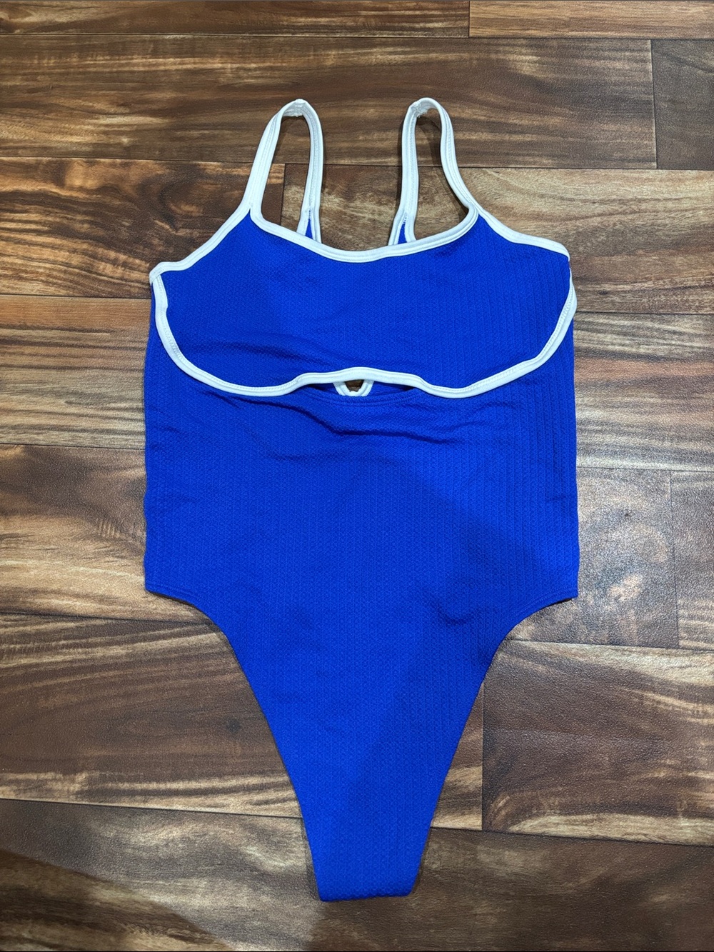 Women’s Royal Blue Thong One-Piece Swimsuit with White Trim